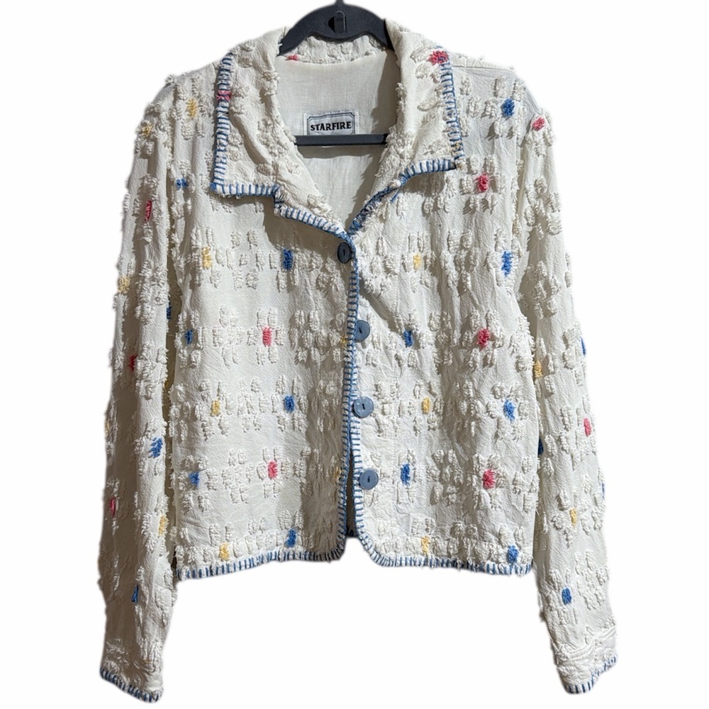 Vintage STARFIRE 80s Cotton‎ Popcorn Textured Blazer Multicolor Accents White Lg